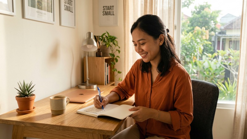 Ilustrasi wanita mencentang to-do list sebagai langkah awal membangun kebiasaan positif.