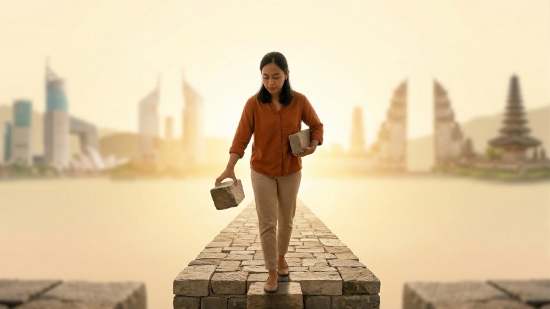 Ilustrasi seorang wanita Indonesia membangun jalan suksesnya dengan disiplin dan konsistensi setiap hari.