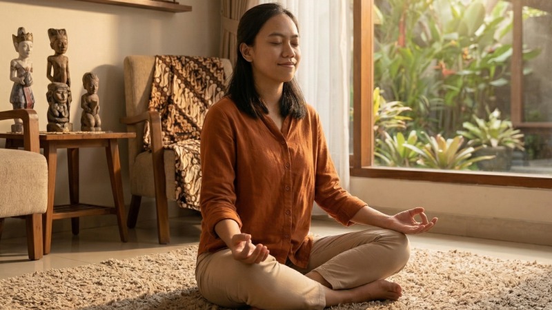 Ilustrasi seseorang mempraktikkan pernapasan sadar (mindful breathing) sebagai langkah awal manajemen emosi dan mental.