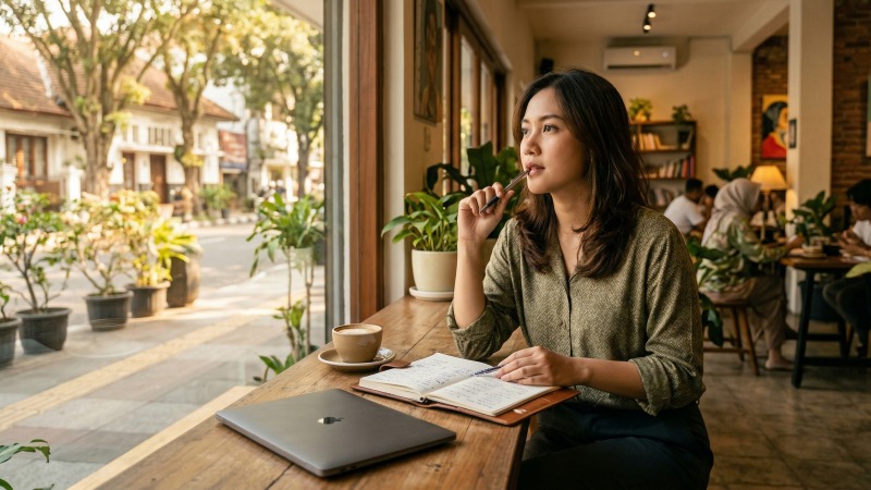 Seseorang yang sedang duduk di kafe sambil menulis jurnal refleksi untuk mengenali potensi diri dan merencanakan arah kariernya.