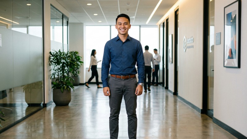 Pemuda Indonesia tampil percaya diri dan tersenyum tenang saat berdiri di lingkungan kantor modern.