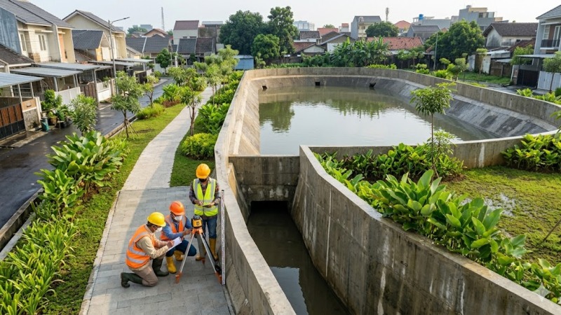 Sistem drainase dan kolam retensi untuk mengurangi risiko banjir
