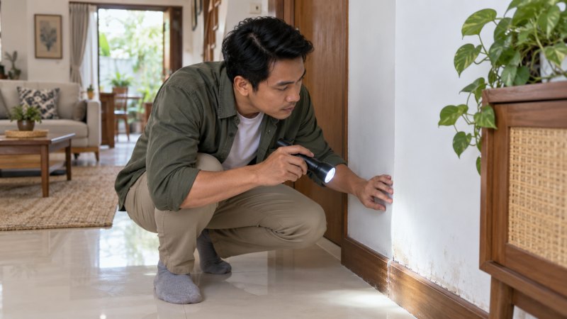 Pemilik rumah memeriksa bagian dinding dan kayu untuk melihat kemungkinan tanda rayap.